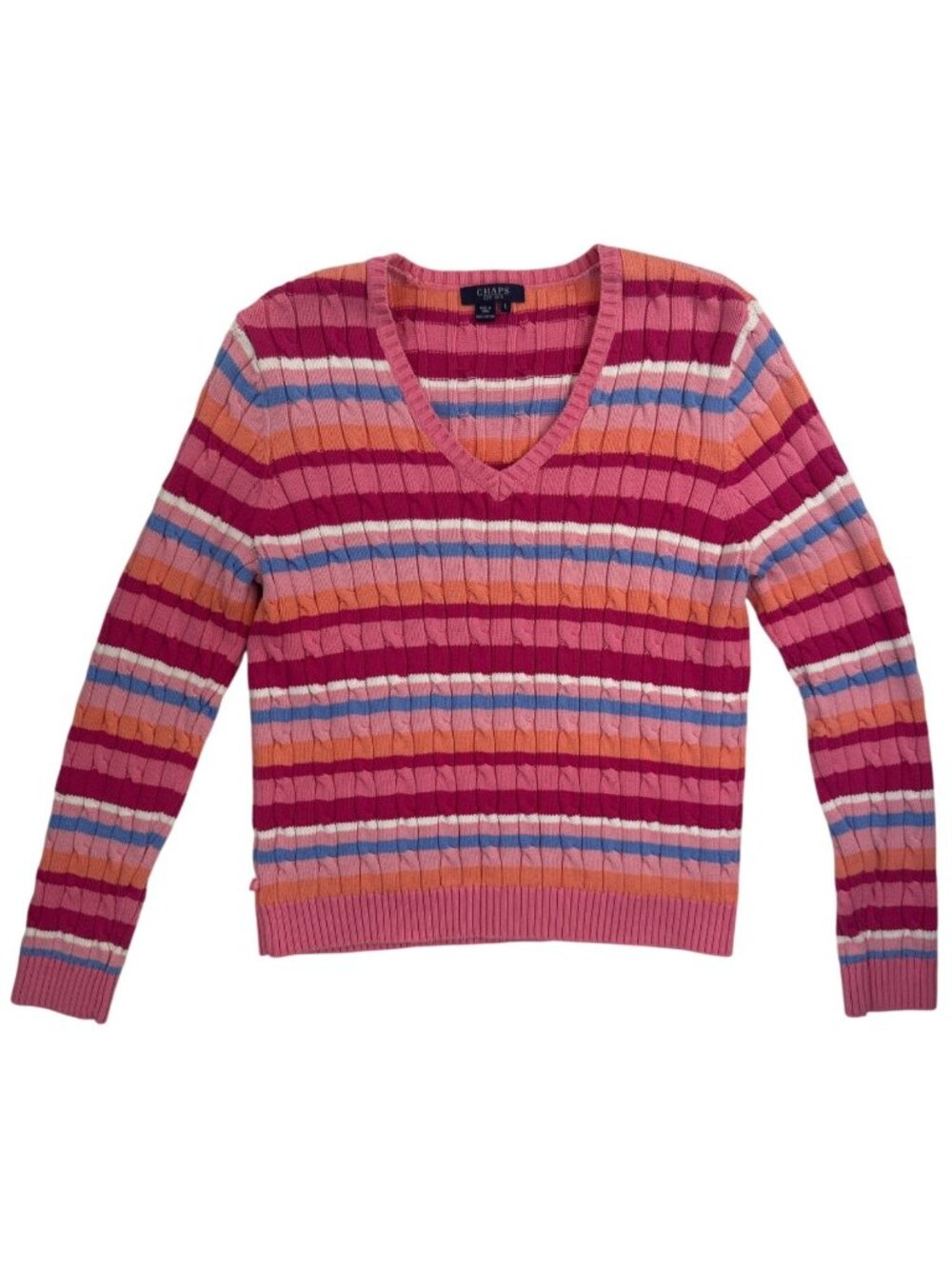 Chaps Women’s L V-Neck Cable Knit Sweater Striped Cotton Multicolor